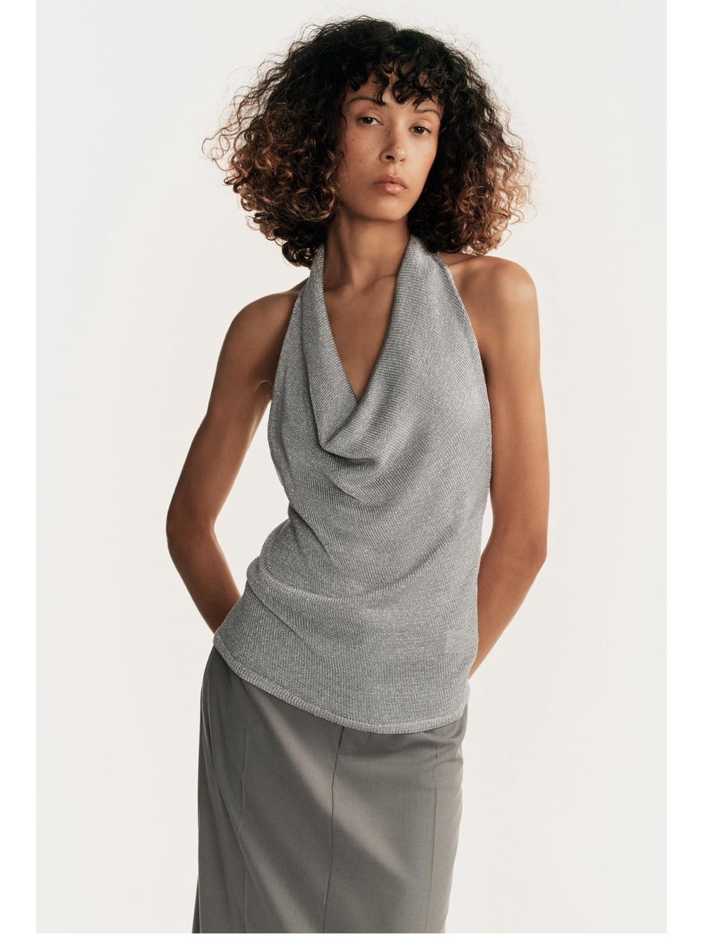 NWT Zara Metallic Knit Halter Top Silver Sz M